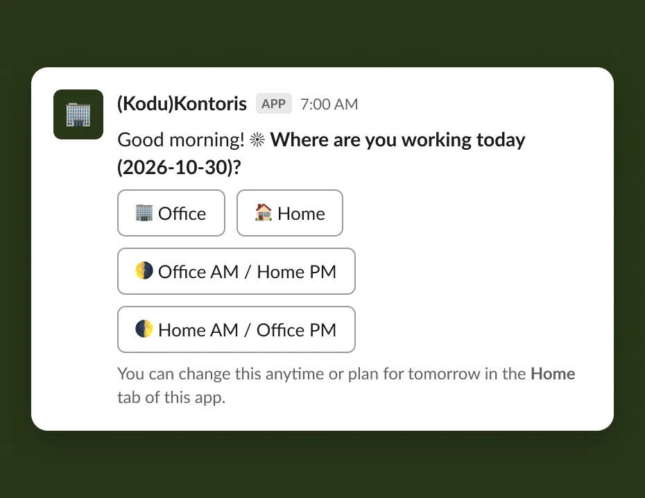 The 7am direct message with four answer buttons