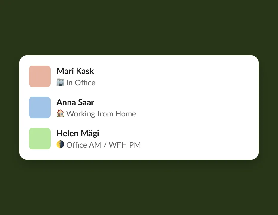 Slack member list showing statuses set by the app