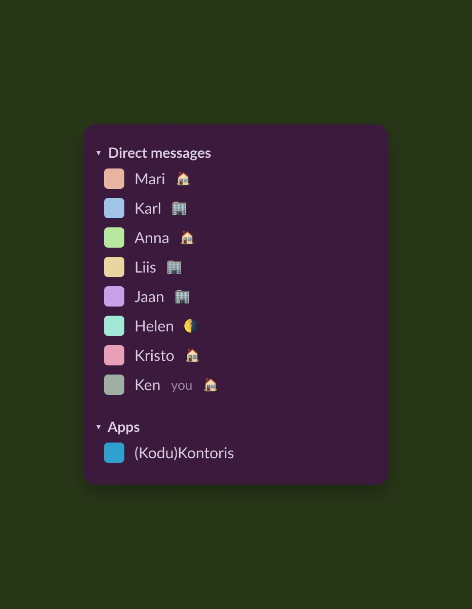 The Slack sidebar with a status emoji next to every name