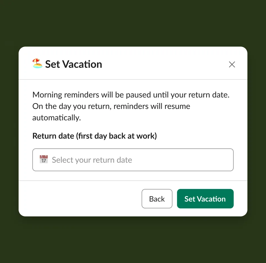 The vacation modal with a return date picker