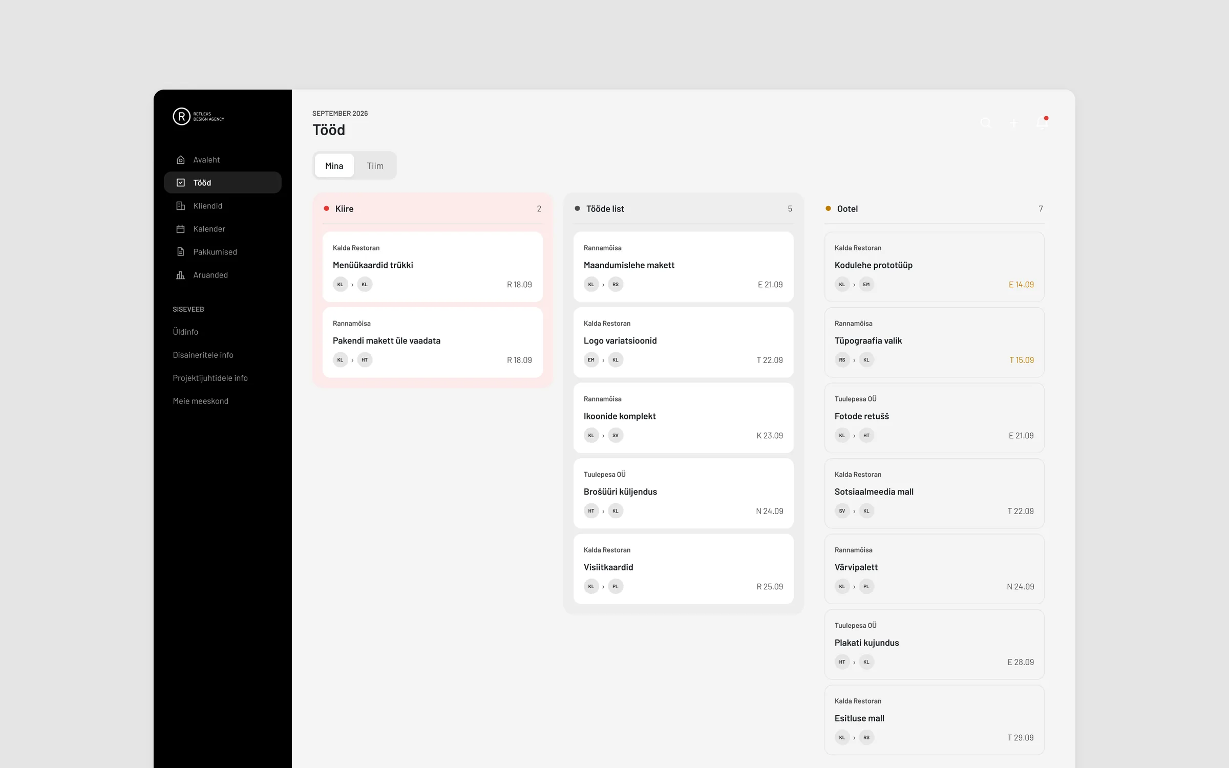 The refleks workspace work board on Mina, with urgent, to-do and waiting columns