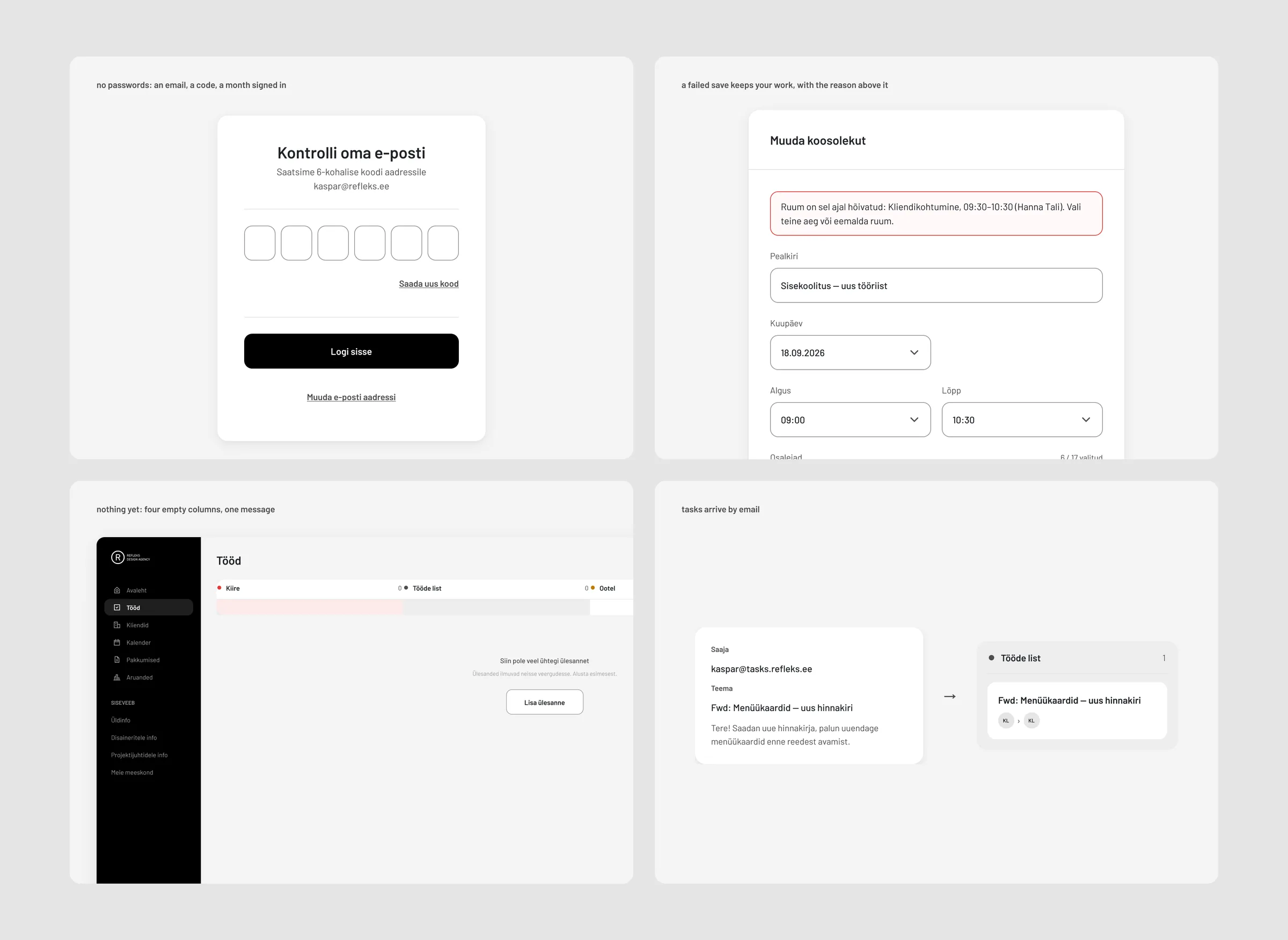 Four details: code login, a failed save that keeps the form, one empty-state message, and an email becoming a task