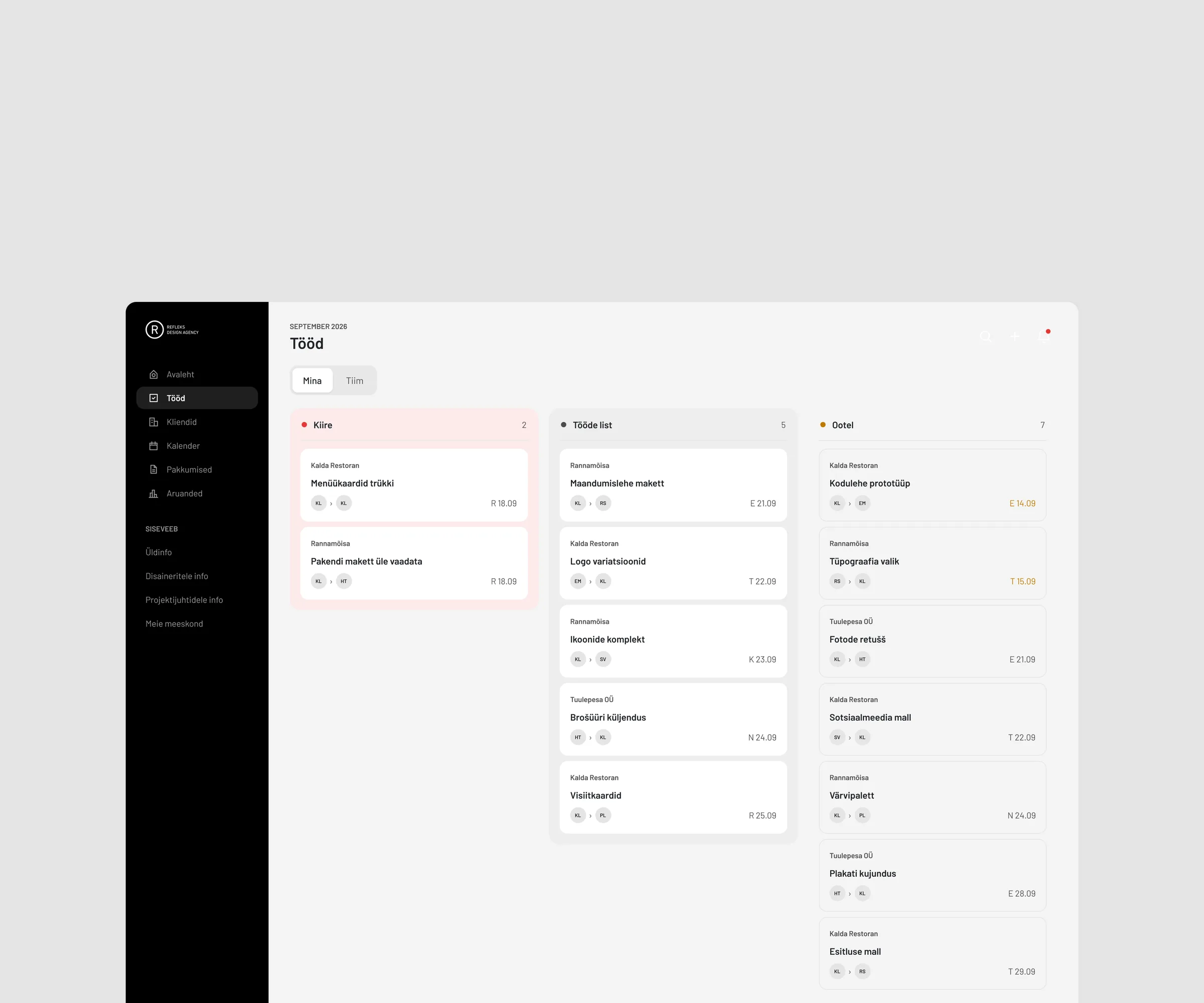 refleks workspace work board, sidebar and three columns