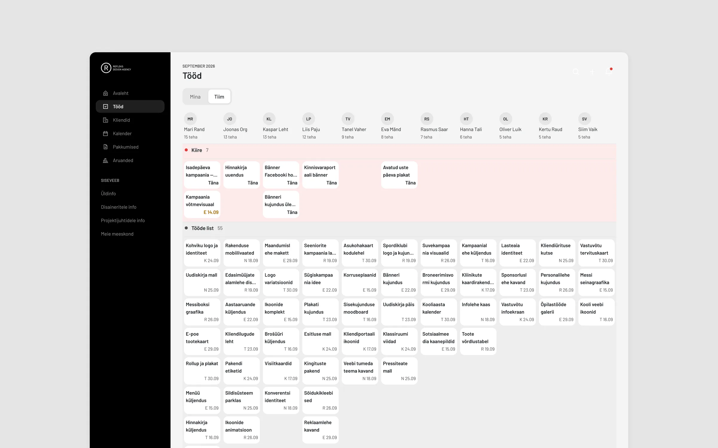 The Tiim view: a column per designer, all fifteen on one screen